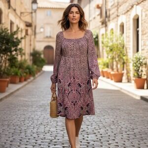 Anthropologie Maeve Midi Dress Womens XS‎ Paisley Leopard Boho Long Sleeve